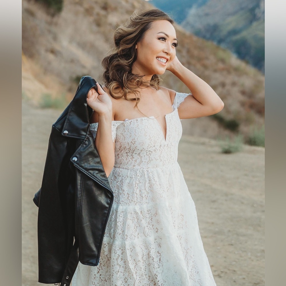 Lulu’s white lace off-the-shoulder dress